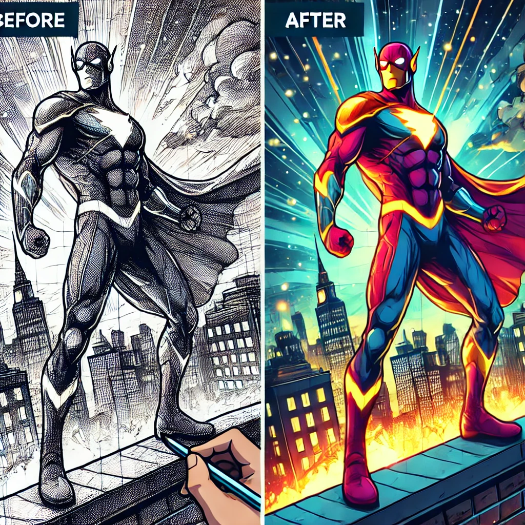 Superhero sketch shown before and after vector conversion by Mayfair Digitizing