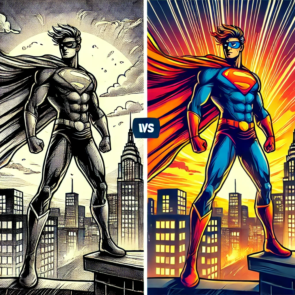 Superhero comic art shown before and after vector conversion